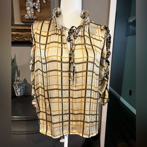Anthropologie X Current Air Silky Plaid Top with Ruffle Neck and Sleeves